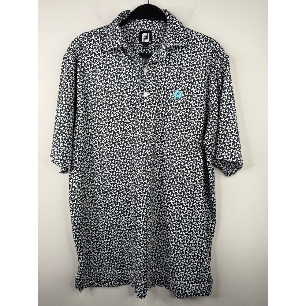 FootJoy Mens M Golf Polo Shirt Black White Floral Print Performance Stretch